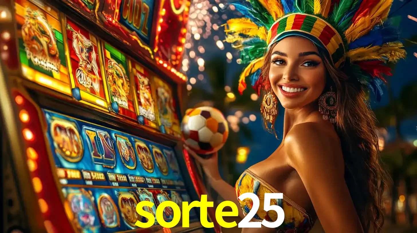 Mulher com um cocar de carnaval ao lado de uma máquina de caça-níqueis enquanto segura uma bola de futebol, mostrando a união da diversão de cassino e esportes no sorte25.