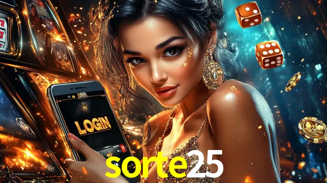 Mulher glamourosa segurando um celular com a tela de login do cassino sorte25, rodeada por dados e moedas douradas, pronta para começar a diversão.