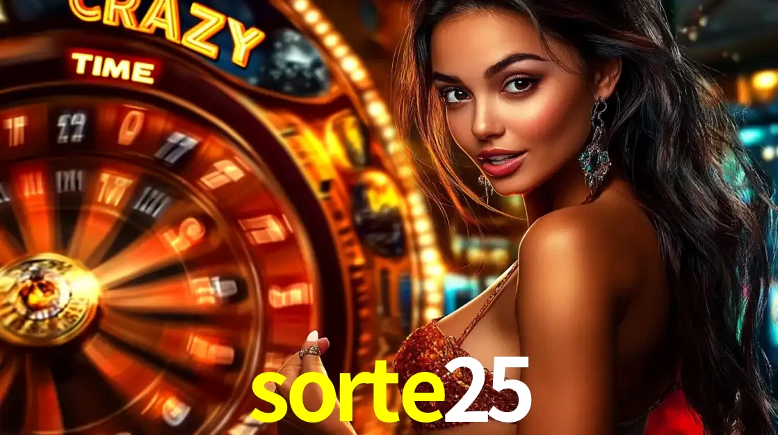 Mulher ao lado da roda de prêmios do jogo de cassino ao vivo Crazy Time, um dos shows de jogos mais emocionantes oferecidos pela plataforma de apostas sorte25.