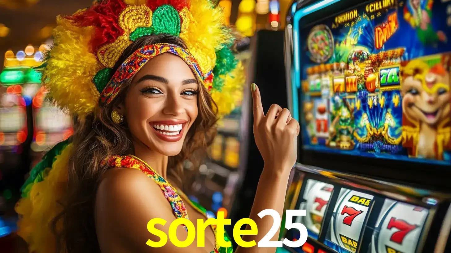 Mulher animada com um cocar de carnaval apontando para uma máquina de caça-níqueis, mostrando a emoção de ganhar um grande prêmio nos jogos do sorte25.