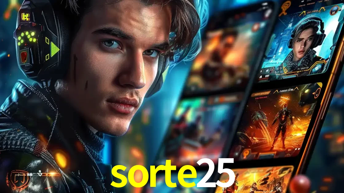 Jovem jogador com fones de ouvido olhando para a câmera, com um aplicativo de jogos e e-sports para celular ao fundo, pronto para a competição e apostas no sorte25.