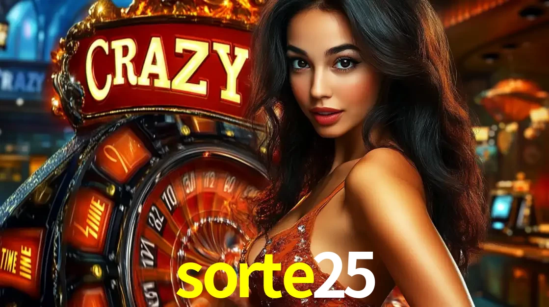 Mulher glamourosa olhando para a câmera com a roda vermelha do Crazy Time ao fundo em um ambiente de cassino, destacando a emoção dos jogos ao vivo no sorte25.