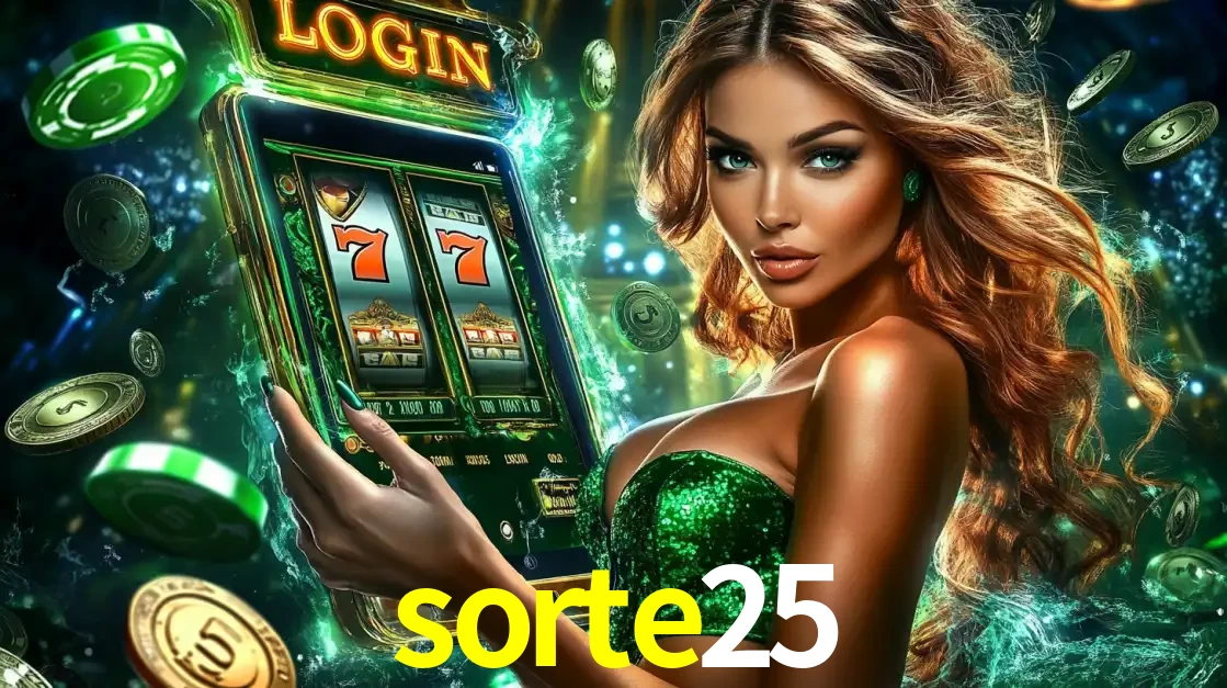 Mulher com tema verde apresentando o aplicativo do cassino sorte25 com um jogo de slot de 777, cercada por fichas de cassino e uma aura de sorte.