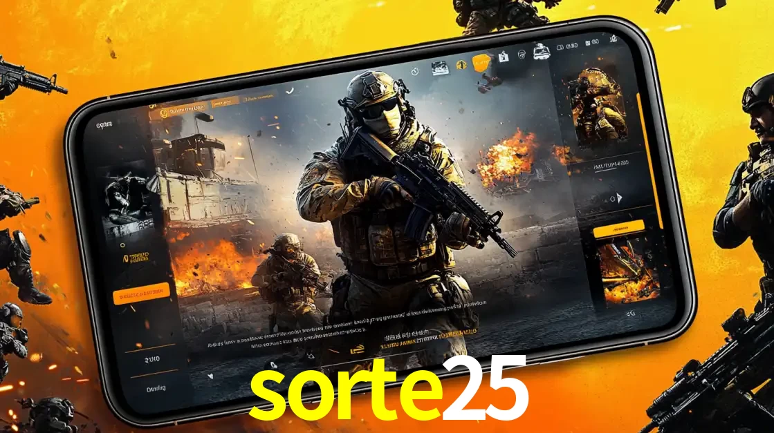 Um smartphone exibindo a interface de um jogo de tiro em primeira pessoa, com um soldado em um cenário de batalha, representando a ação dos e-sports para apostar no sorte25.