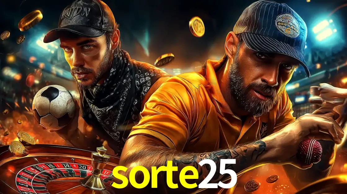 Montagem de apostas esportivas e cassino no sorte25, com um homem segurando uma bola de futebol e outro uma de beisebol sobre uma roleta e moedas voadoras.