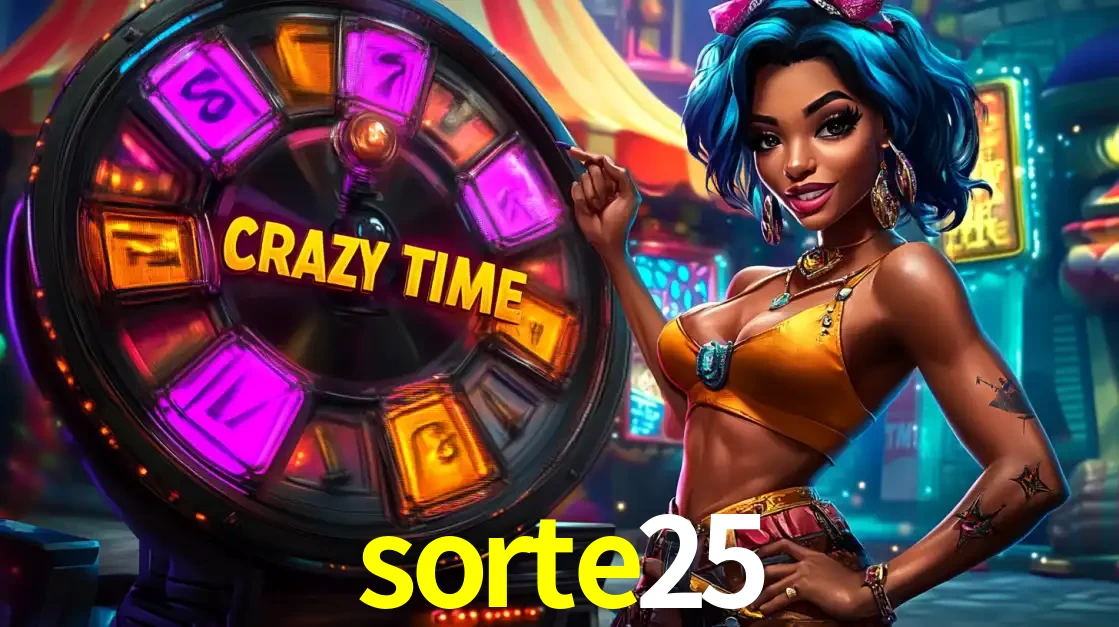 Mulher estilizada com cabelo azul e visual vibrante posando ao lado da roda de prêmios do game show Crazy Time, convidando para a diversão e os bônus do cassino sorte25.