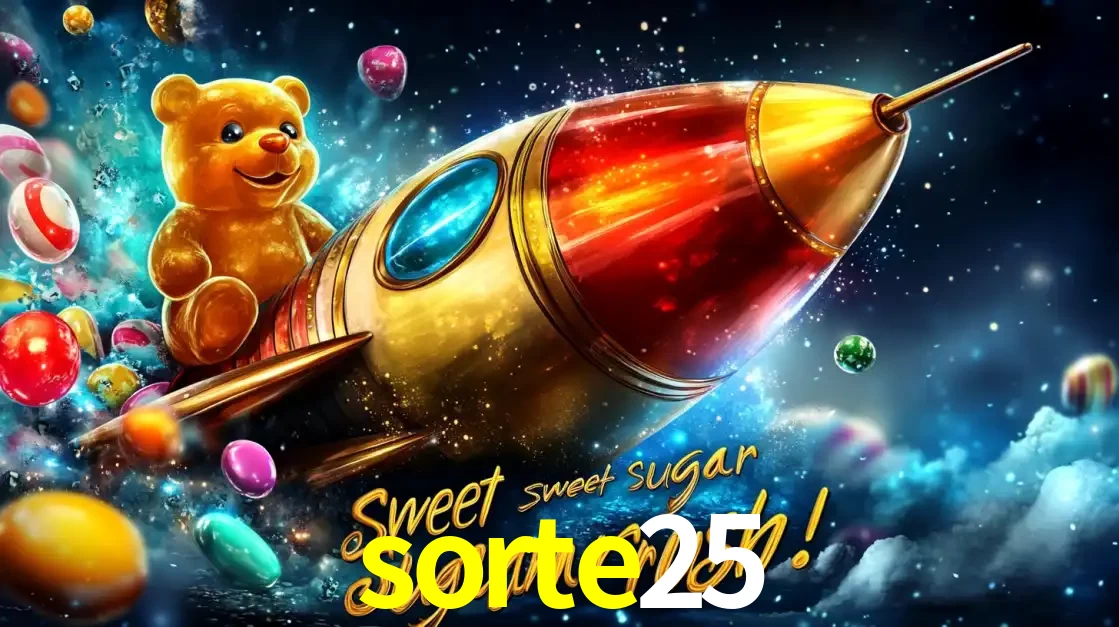 Arte promocional do jogo de slot Sugar Rush, com um urso de pelúcia em um foguete viajando pelo espaço de doces, um dos jogos divertidos disponíveis no cassino sorte25.