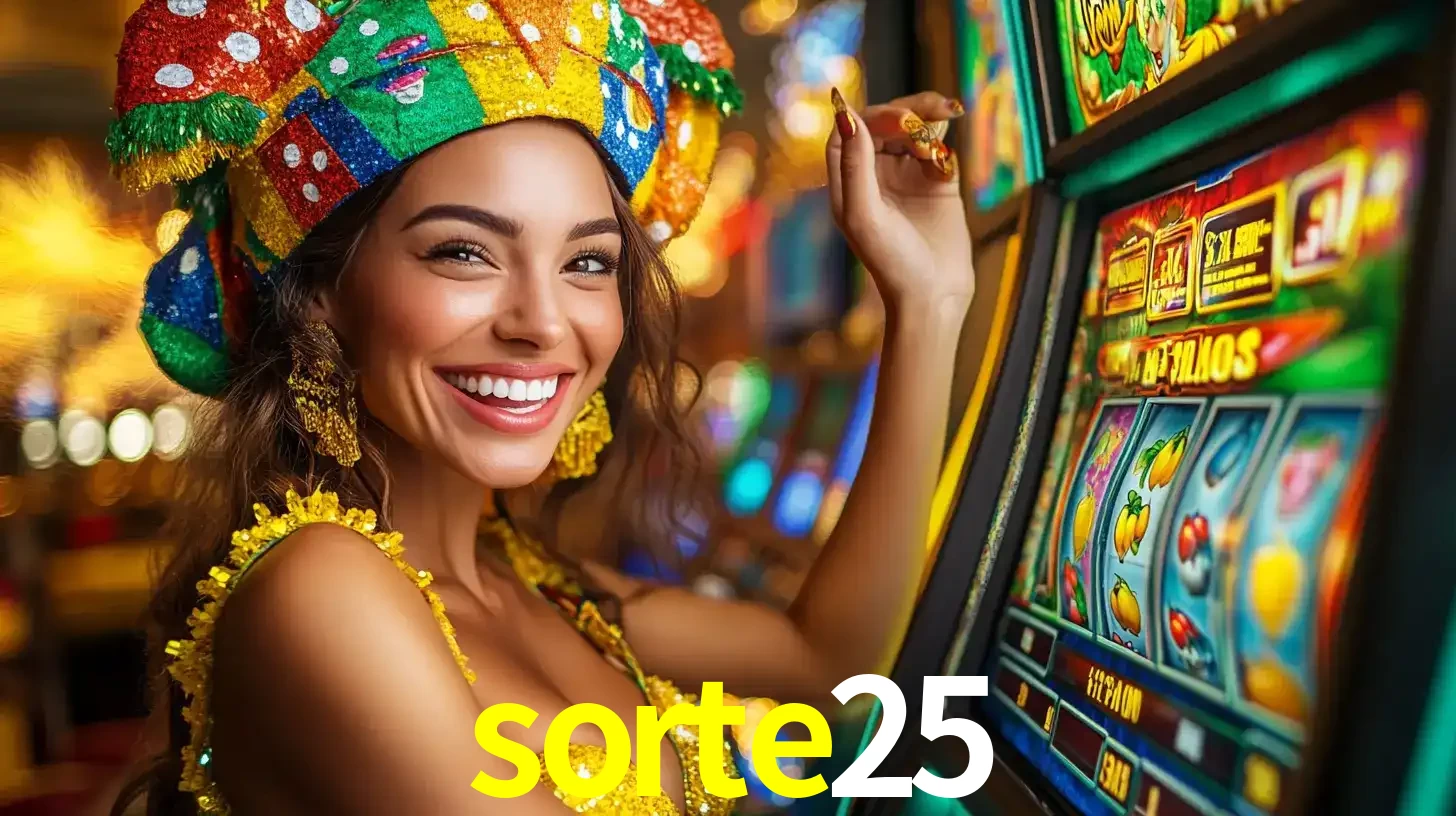 Mulher feliz com traje de carnaval amarelo e colorido ao lado de uma máquina de caça-níqueis, aproveitando a diversão e os jogos temáticos do cassino sorte25.