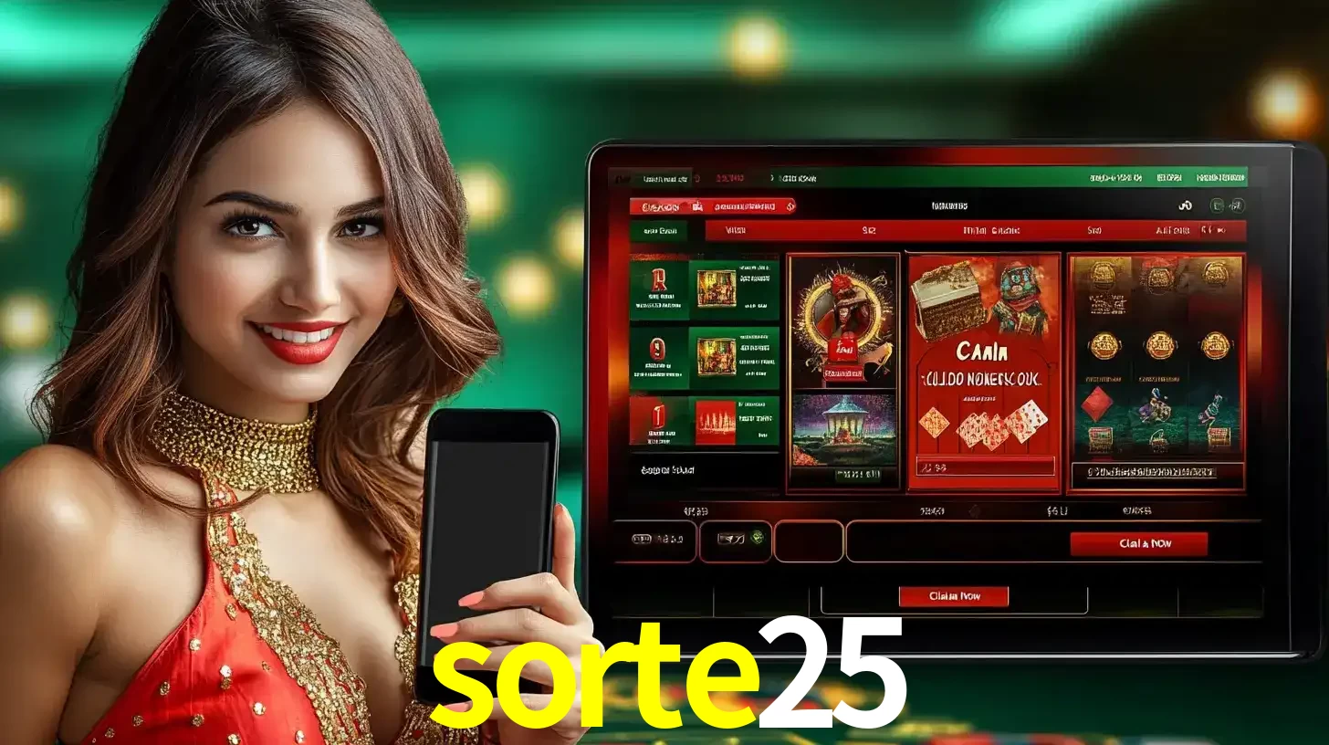 Mulher sorridente segurando um smartphone, ao lado de uma tela exibindo o lobby de jogos do cassino online sorte25, com várias opções de jogos de cartas e slots.